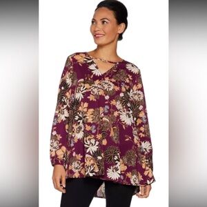 Du Jour Floral Tunic Top Size Large Burgundy Long Sleeve Stretch